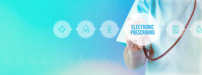 Electronic Prescribing (E-Prescribing). Doctor with stethoscope in focus. Icons and text on a...
