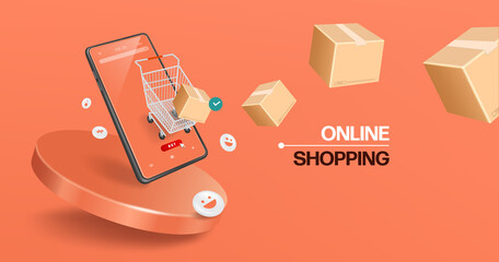 Parcel box floated from the shopping cart in front of the smartphone and all floating on a round podium for delivery and online shopping concept design,vector 3d isolated on pastel orange backgroud - obrazy, fototapety, plakaty