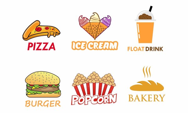 pizza, ice cream, float drink, burger, popcorn, and bakery icon logo template illustration