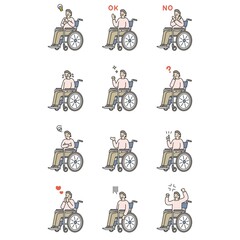 車椅子の女性の表情動作イラストまとめ