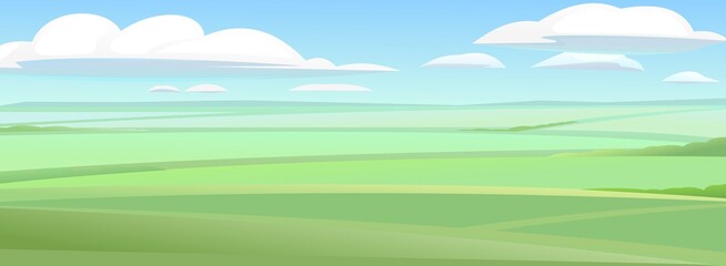 Fototapeta na wymiar Agriculture fields on flat terrain. Rural landscape. Horizontal village nature illustration. Cute country hills. Flat style. Vector