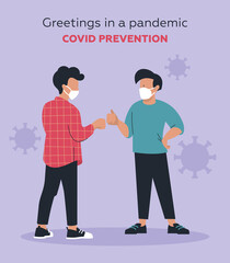 Two people greet each other with a blow of their fists. Prevention of coronovirus infection. Vector illustration.