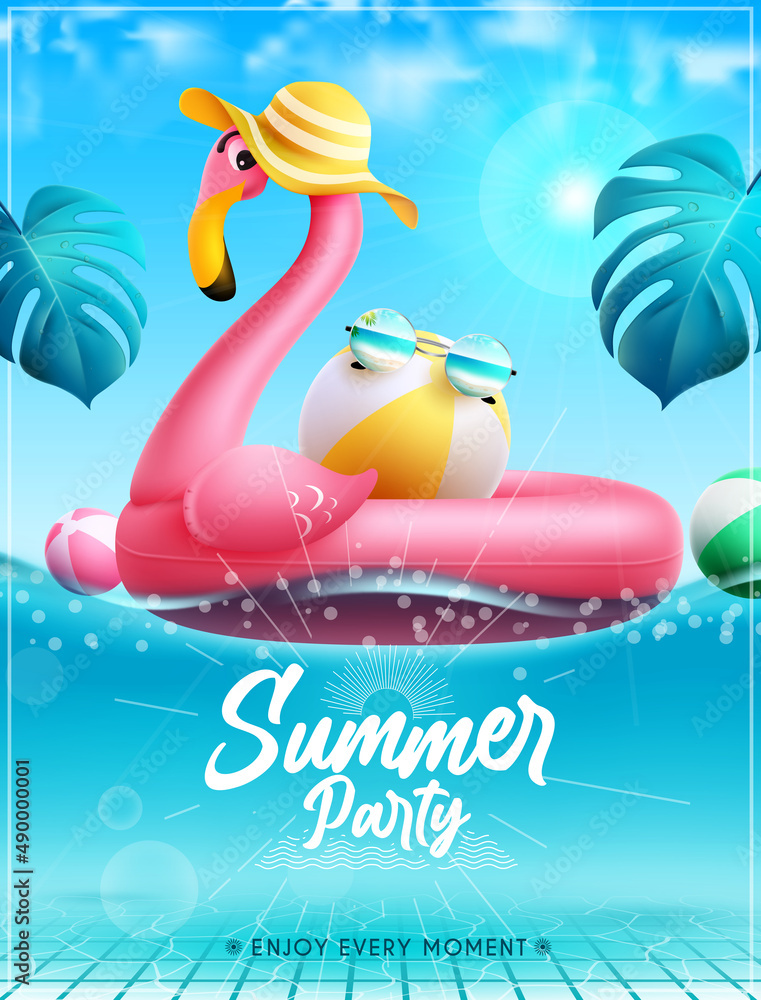 Poster summer party vector poster design. summer party text in swimming pool background with flamingo float