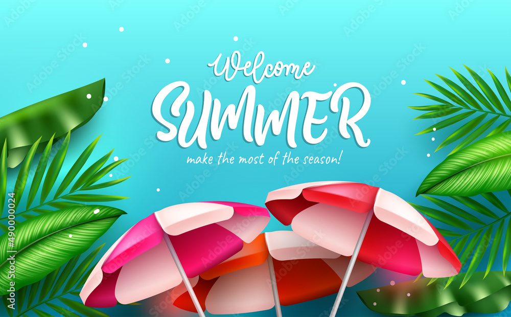 Poster summer vector background design. welcome summer typography text in jungle with plant leaves and umbr