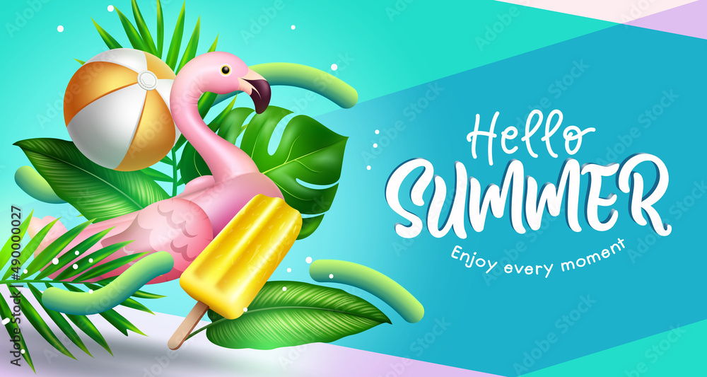 Poster summer vector background design. hello summer greeting text with plants and flamingo floaters in abs