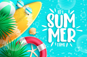 Fototapeta na wymiar Summer time vector design. It's summer time typography text in sea water background with elements of surfboard, lifebuoy and leaves for relax tropical season. Vector illustration. 