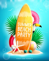Summer beach vector concept design. Summer beach party text in surfboard element with floaters, leaves and miniature island for tropical holiday decoration. Vector illustration.
 - obrazy, fototapety, plakaty