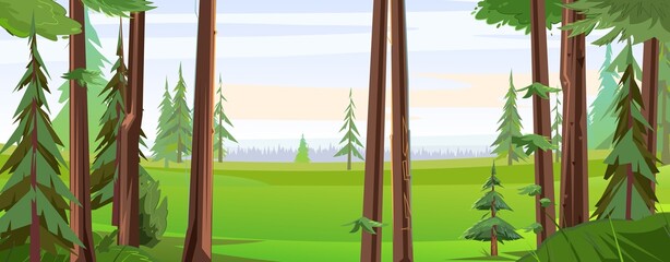 Panoramic view from coniferous forest. Beautiful summer landscape with trees. Green pines and ate. Illustration in cartoon style flat design. Vector