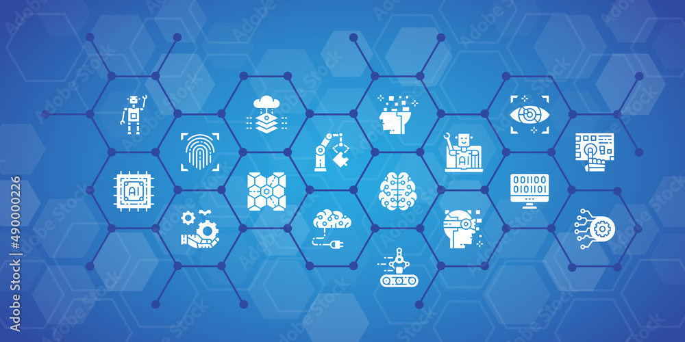 Poster artificial intelligence business icons banner concept. robotics, chatbot, database, big data web ban