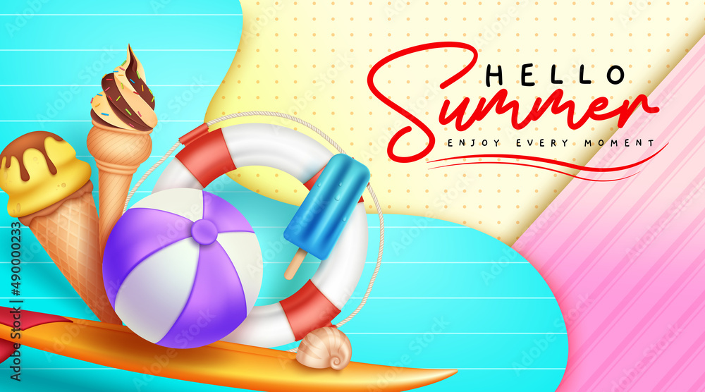 Poster summer vector background design. hello summer greeting text in colorful art pattern decoration with 