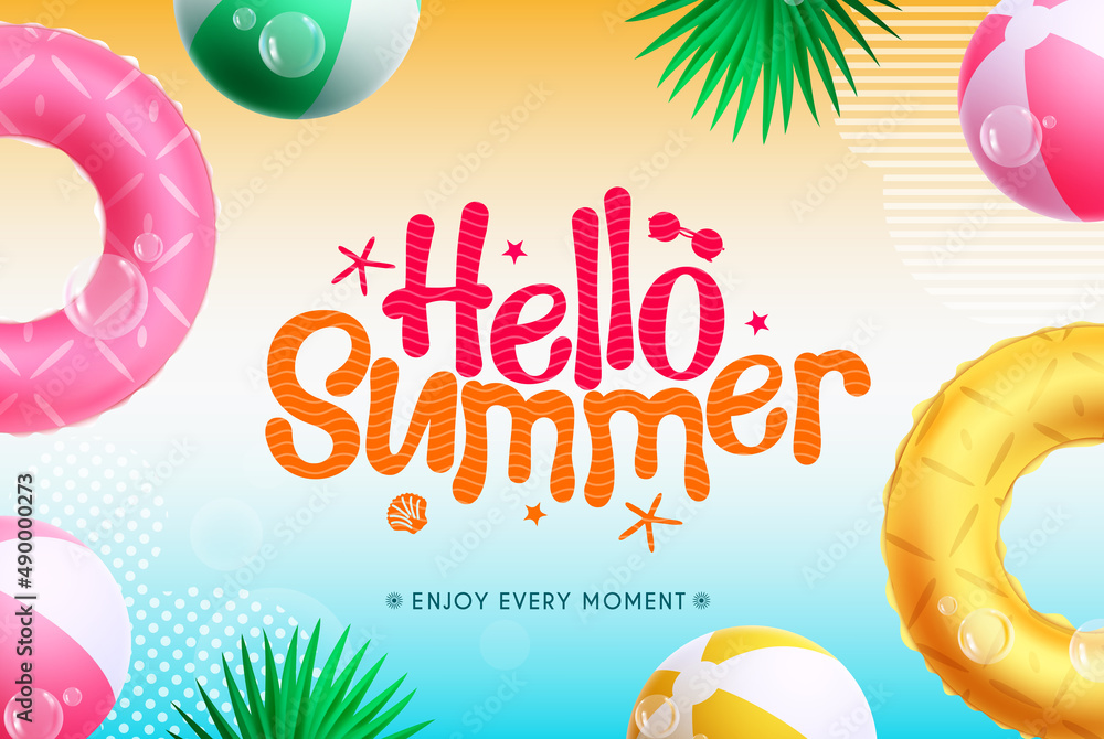 Poster summer vector background design. hello summer text in colorful gradient background with floaters, be
