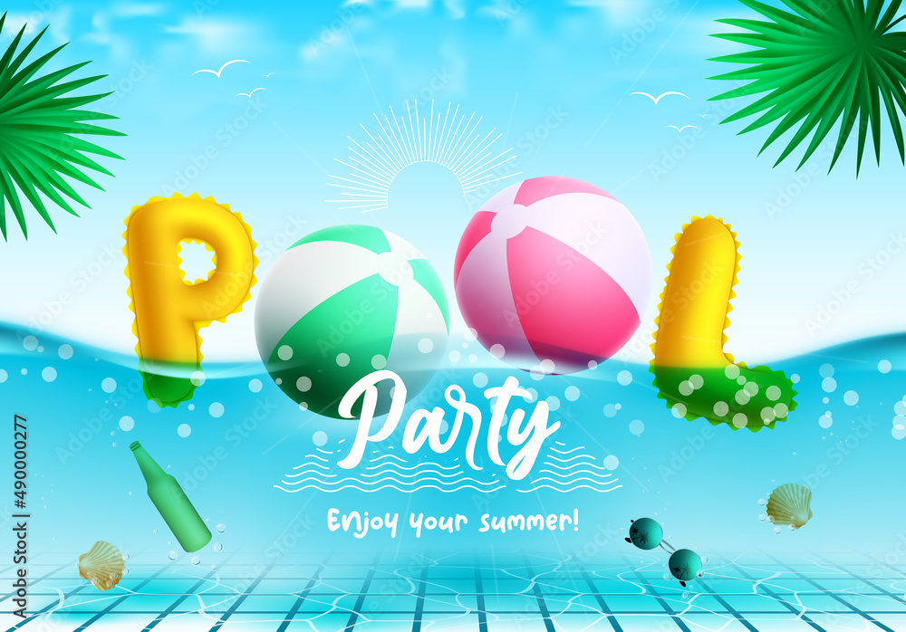 Poster summer party vector concept design. pool party typography creative text with floating beach ball and