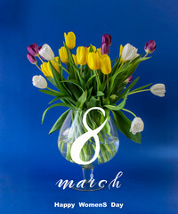 International Women's Day March 8! Flat Lay, banner, greeting card with flowers from March 8.