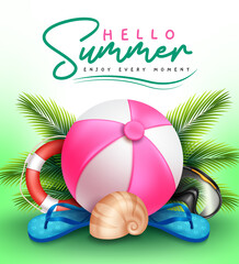 Summer greeting vector design. Hello summer greeting text with beach ball, palm leaves and flip flop elements in tropical green background for holiday vacation. Vector illustration.
