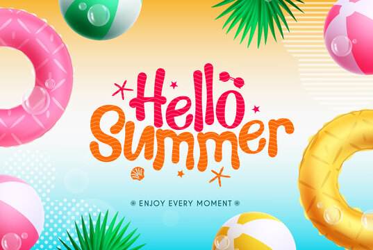 Summer vector background design. Hello summer text in colorful gradient background with floaters, beach ball and leaves elements for sunny tropical season. Vector illustration.

