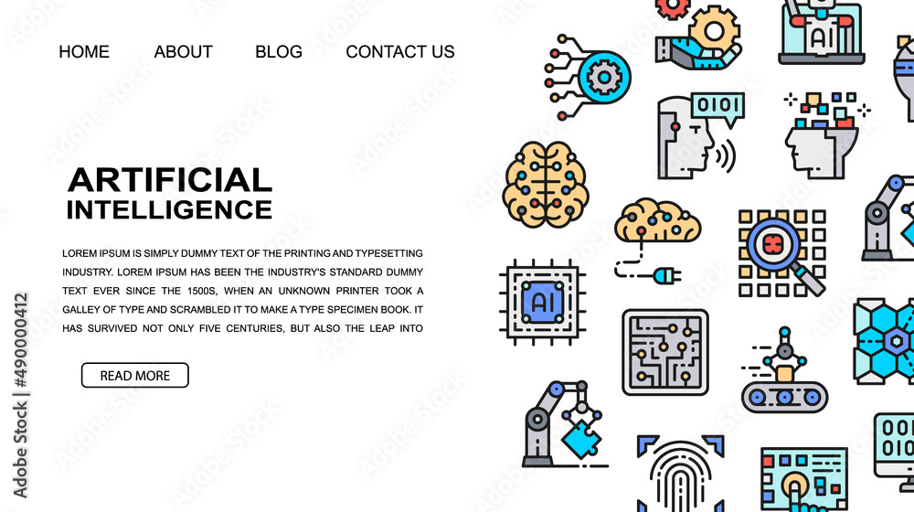 Aufkleber artificial intelligence landing page design template. robotics, chatbot, database, big data illustra