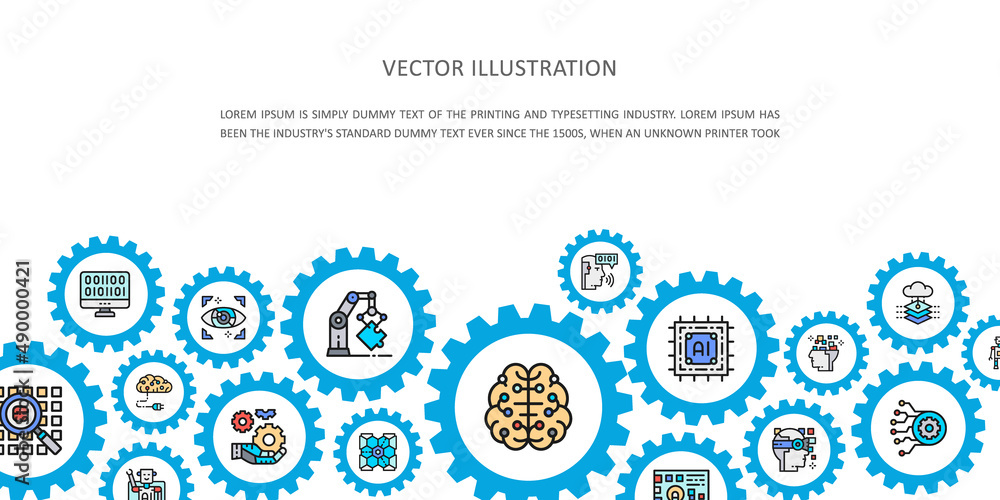 Poster artificial intelligence landing page with colored icons. robotics, chatbot, database, big data busin