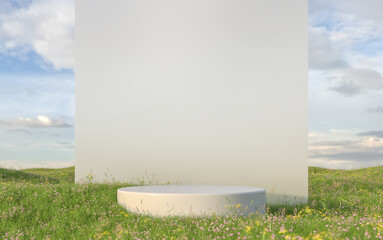 Abstract natural field scene with podium for product display and frosted glass background. 3d...