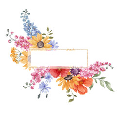 Watercolor frame with sunny flowers, wild flowers, herbs, botanical illustration, isolated on white background