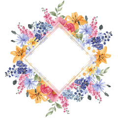 Watercolor frame with sunny flowers, wild flowers, herbs, botanical illustration, isolated on white background