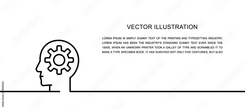 Poster vector head with gear, brain process, knowledge one line icon. continuous one line