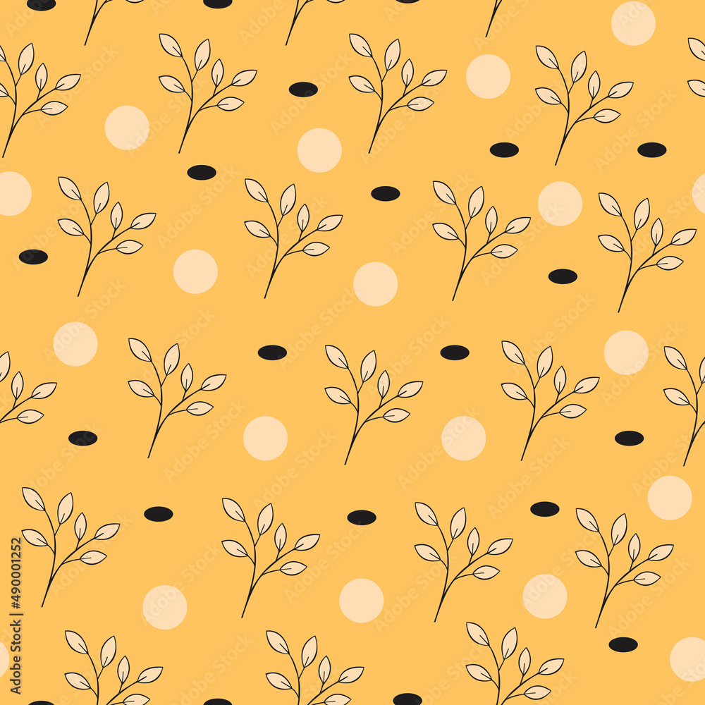 Poster Floral vintage seamless pattern with elegant branches and blobs on a yellow background. Trendy vector illustration