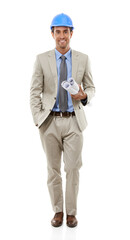 Great engineering mind. Studio portrait of a handsome young engineer isolated on white.