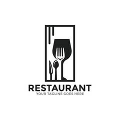 Fototapeta premium Restaurant logo icon vector template. Simple restaurant logo with a wine glass, fork, spoon and knife in an elegant rectangle.