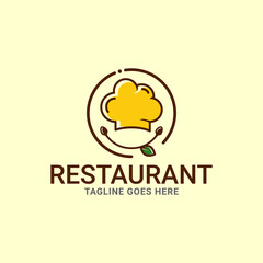 Restaurant logo icon vector template. A simple restaurant logo wrapped in a circle with a smile in it. Supplied with chef's hat, fork, spoon and leaves.