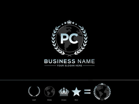 Letter PC Logo, Monogram pc Emblem Style Vector Logo Icon with Unique circle Leaf Globe Royal Crown and Star Design for business