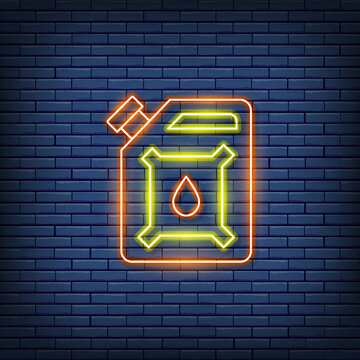 Vector oil gallon, gasoline canister, petrol jerrican neon sign.