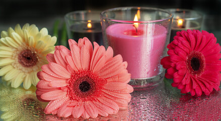 flowers in droplets of water close and candles
