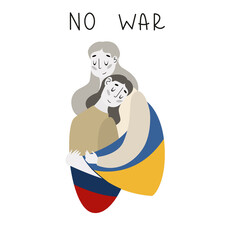Two hugging girls with flags of Russia and Ukraine. No war.
Preservation of peace. Crisis in relationship between countries. Vector Illustration.