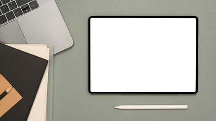 Workspace with digital tablet touchpad white screen mockup