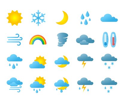 Weather icons. Sun clouds rain and wind interface icons for forecast application. Vector meteo symbol set