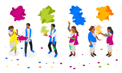 People Celebrating Holi Isometric Composition