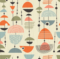 Seamless abstract mid century modern pattern for backgrounds, fabric design, wrapping paper, scrapbooks and covers. Fun retro design. Vector illustration. - 490004227