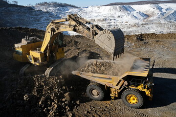 Khabarovsk territory / Russia - 03.22.2018 : Special equipment works on the territory of the gold...
