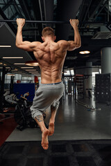 Fototapeta na wymiar Muscular strong man exercising in the sport gym, Man doing horizontal push-ups with bars in gym. Background gym with copy space.
