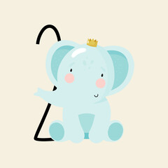 Birthday Party, Greeting Card, Party Invitation. Kids illustration with Cute Elephant and an inscription two. Vector illustration in cartoon style.