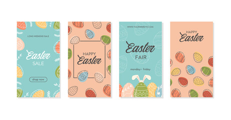 Set of Happy Easter social media story templates, sale banners, greeting cards or vertical posters with place for text. Bunny ears and Easter Eggs in trendy minimalistic style. Vector illustration. - obrazy, fototapety, plakaty