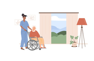Female nurse or volunteer worker taking care of old age woman on wheelchair. Scene of disabled elderly person with social worker at home. Residential care facility. Bedroom at nursing home. Vector.