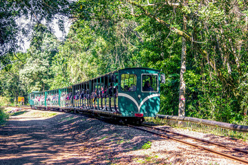 Argentina, Iguazu, June 07, 2019: Train between stations inside the Puerto Iguazu national park, Argentina. Tourists cross a forest on a train that leads to the falls