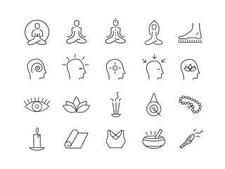 Mindfulness and meditation concept vector outline icons set. Collection of elements for self-awareness, emotional balance and spiritual practices.
