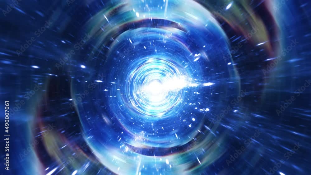 Poster abstract interstellar flight, time travel jump in blurred blue star hyper space tunnel. 4k 3d seamle