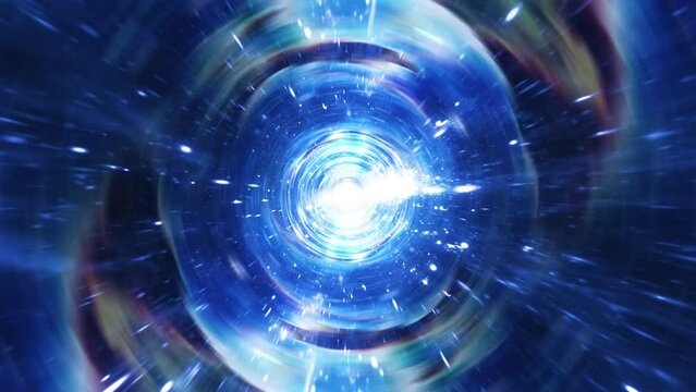 Abstract Interstellar flight, time travel jump in blurred blue star hyper space tunnel. 4K 3D Seamless Loop Hyper Tunnel or Wormhole Science Digital Background. Singularity, gravitational waves 
