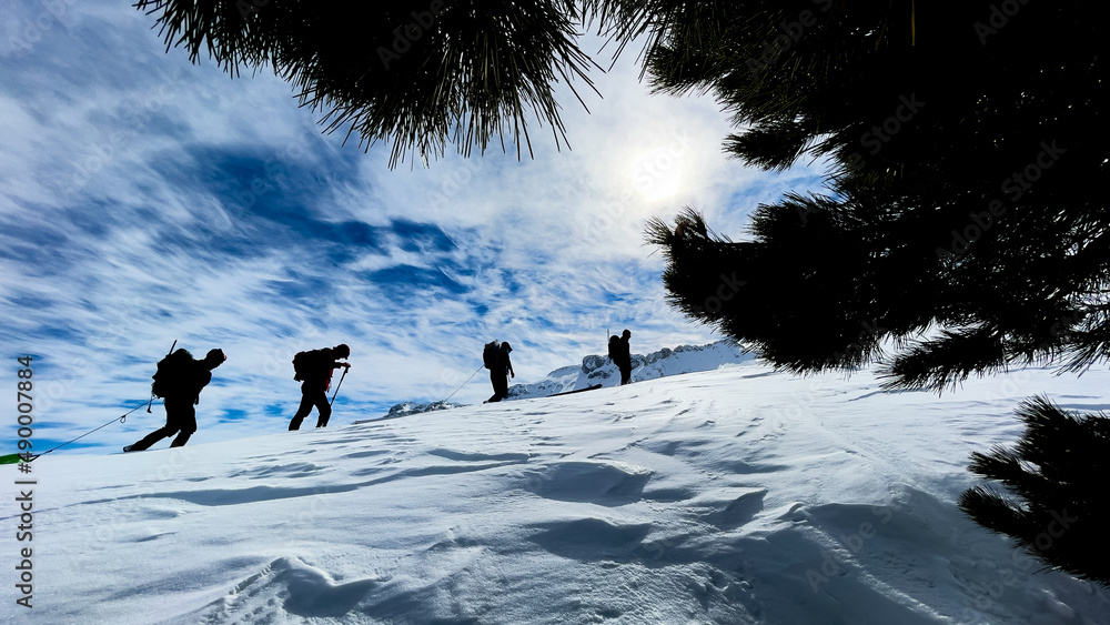 Wall mural team of mountaineers walking in harmony in the mystical mountains