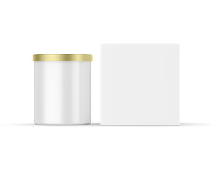 Blank scented candle with paper box packaging for branding and mock up, votive candle with hard box mockup on isolated white background, 3d render illustration