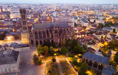 Fototapeta na wymiar Aerial view of landmark of famous cathedral in Limoges cityilluminated at dusk in France