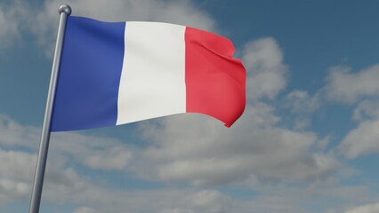 D illustration of France flag waving in the wind on a background with sky. 3d rendering illustration